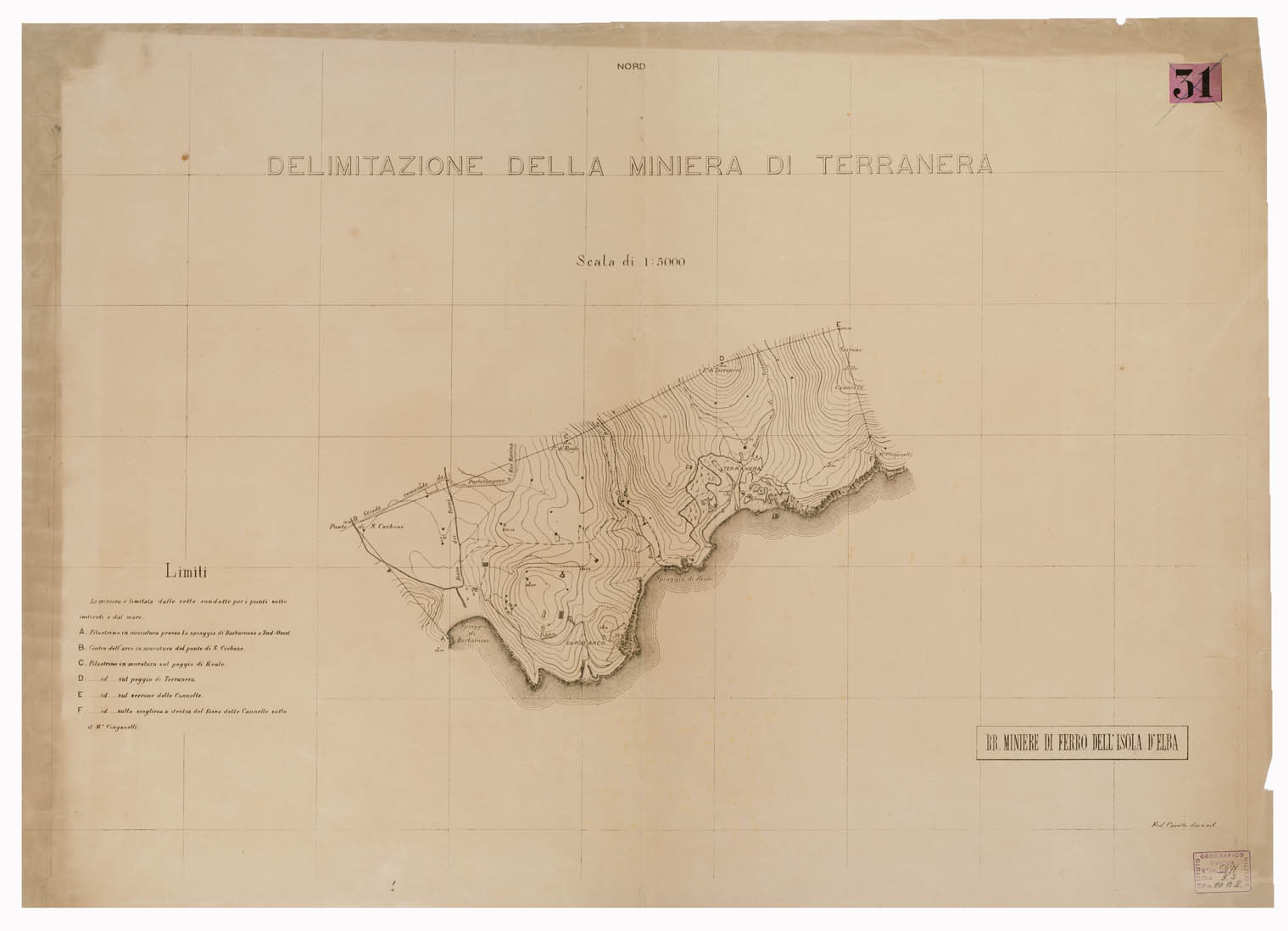(N:9308) DELIMITAZIONE DELLA MINIERA DI TERRANERA (ISOLA D'ELBA) (B0000792) Carte e stampe antiche: riproduzione a colori su carta (formato A1)