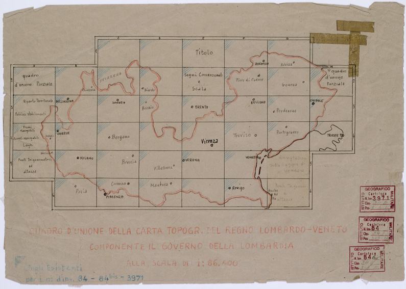 (N:6657) CARTA TOPOGRAFICA DEL REGNO LOMBARDO VENETO - Quadro d'unione (B0000851) Carte e stampe antiche: riproduzione a colori su carta (formato A1)