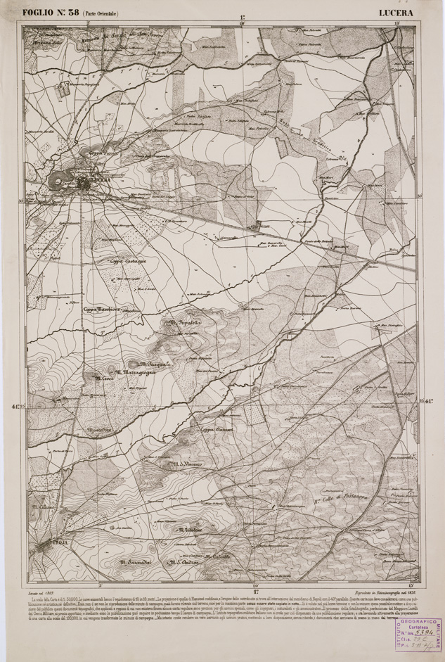 (N:2315) CARTA DELL' ITALIA MERIDIONALE EDITA DALL'ISTITUTO TOPOGRAFICO MILITARE ITALIANO - Foglio 38 parte orientale - Lucera (B0001002) Carte e stampe antiche: riproduzione a colori su carta (formato A1)