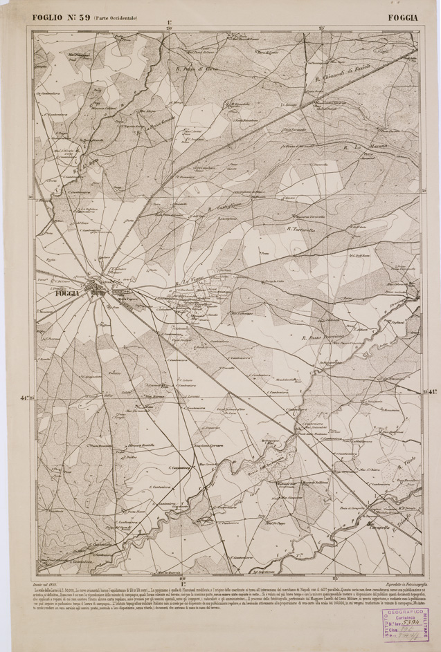 (N:2316) CARTA DELL' ITALIA MERIDIONALE EDITA DALL'ISTITUTO TOPOGRAFICO MILITARE ITALIANO - Foglio 39 parte occidentale - Foggia (B0001003) Carte e stampe antiche: riproduzione a colori su carta (formato A1)