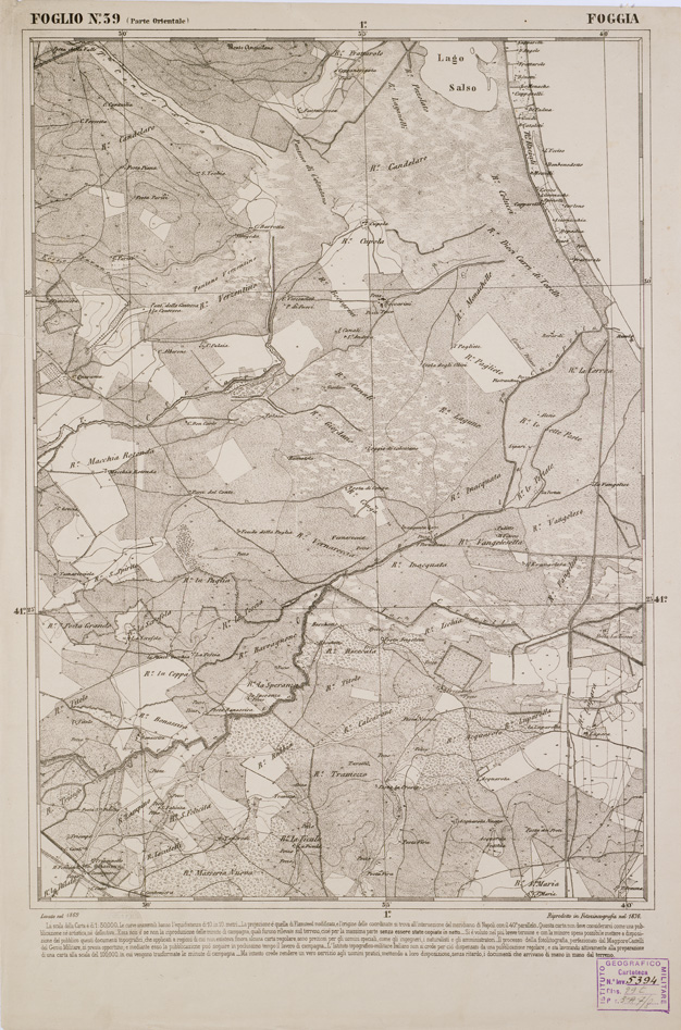 (N:2317) CARTA DELL' ITALIA MERIDIONALE EDITA DALL'ISTITUTO TOPOGRAFICO MILITARE ITALIANO - Foglio 39 parte orientale - Foggia (B0001004) Carte e stampe antiche: riproduzione a colori su carta (formato A1)