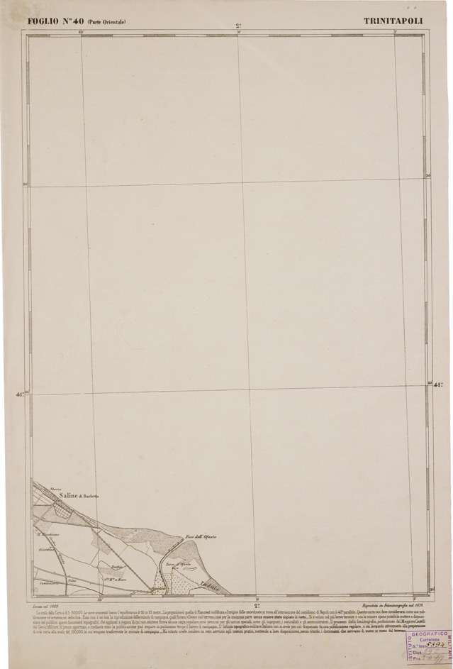 (N:2321) CARTA DELL' ITALIA MERIDIONALE EDITA DALL'ISTITUTO TOPOGRAFICO MILITARE ITALIANO - Foglio 40 parte orientale - Trinitapoli (B0001006) Carte e stampe antiche: riproduzione a colori su carta (formato A1)