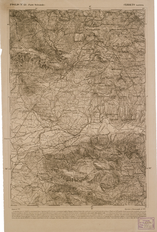 (N:2328) CARTA DELL' ITALIA MERIDIONALE EDITA DALL'ISTITUTO TOPOGRAFICO MILITARE ITALIANO - Foglio 44 parte orientale - Cerreto Sannita (B0001013) Carte e stampe antiche: riproduzione a colori su carta (formato A1)