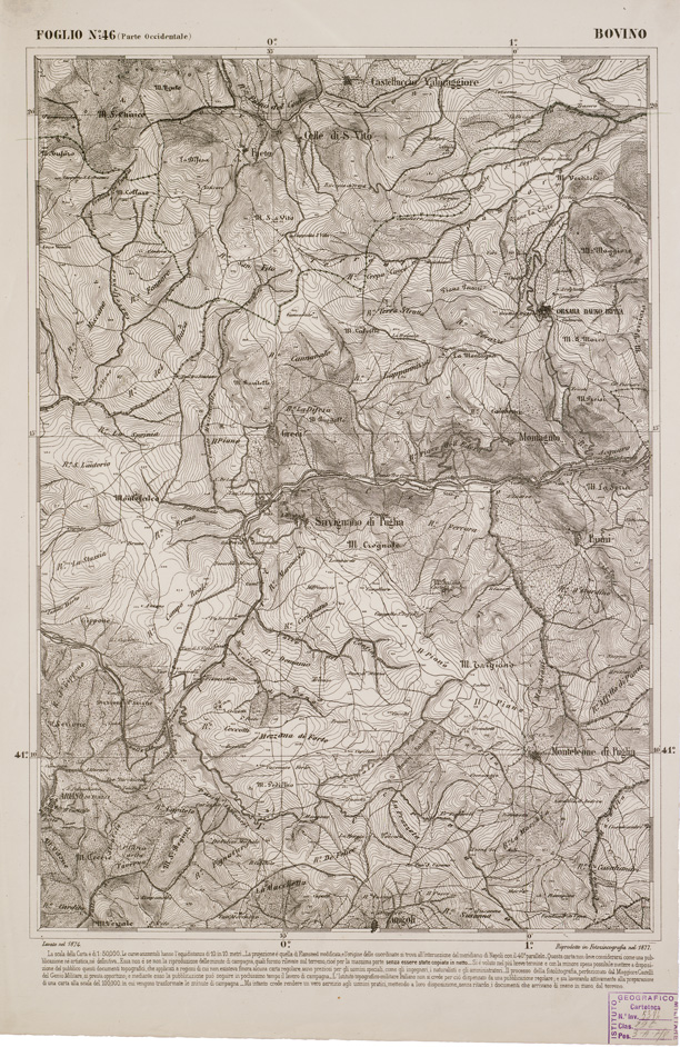 (N:2331) CARTA DELL' ITALIA MERIDIONALE EDITA DALL'ISTITUTO TOPOGRAFICO MILITARE ITALIANO - Foglio 46 parte occidentale - Bovino (B0001016) Carte e stampe antiche: riproduzione a colori su carta (formato A1)