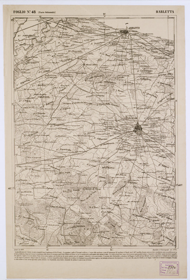 (N:2336) CARTA DELL' ITALIA MERIDIONALE EDITA DALL'ISTITUTO TOPOGRAFICO MILITARE ITALIANO - Foglio 48 parte orientale - Barletta (B0001021) Carte e stampe antiche: riproduzione a colori su carta (formato A1)