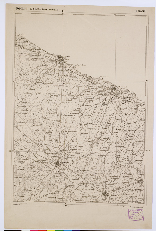 (N:2337) CARTA DELL' ITALIA MERIDIONALE EDITA DALL'ISTITUTO TOPOGRAFICO MILITARE ITALIANO - Foglio 49 parte occidentale - Trani (B0001022) Carte e stampe antiche: riproduzione a colori su carta (formato A1)