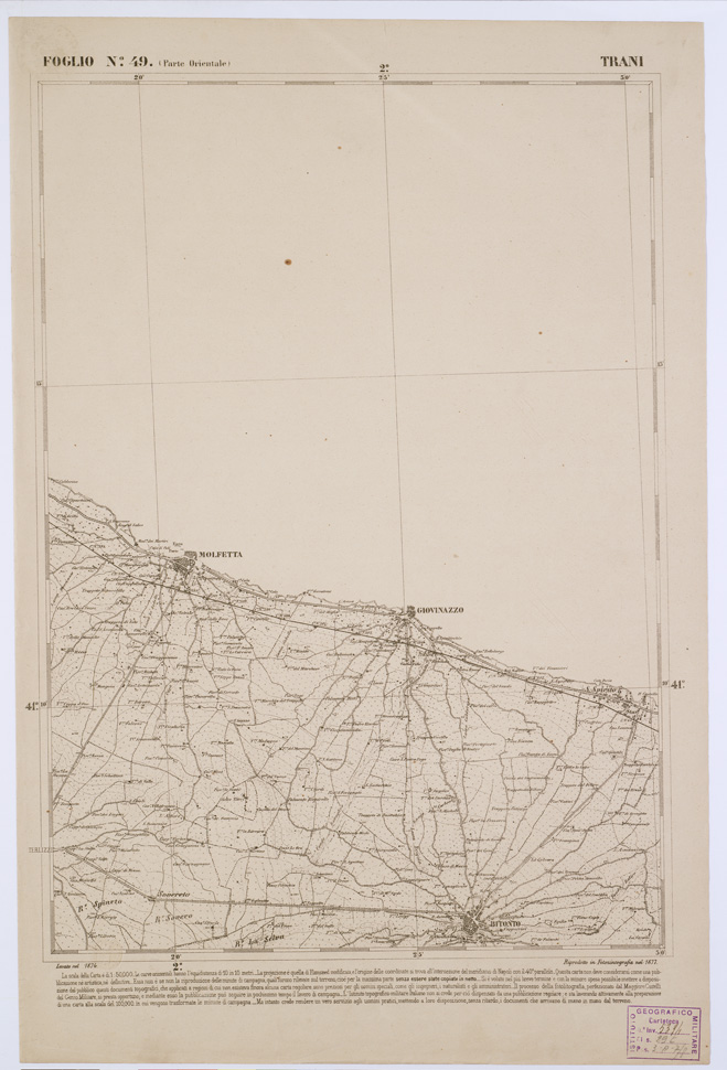(N:2338) CARTA DELL' ITALIA MERIDIONALE EDITA DALL'ISTITUTO TOPOGRAFICO MILITARE ITALIANO - Foglio 49 parte orientale - Trani (B0001023) Carte e stampe antiche: riproduzione a colori su carta (formato A1)