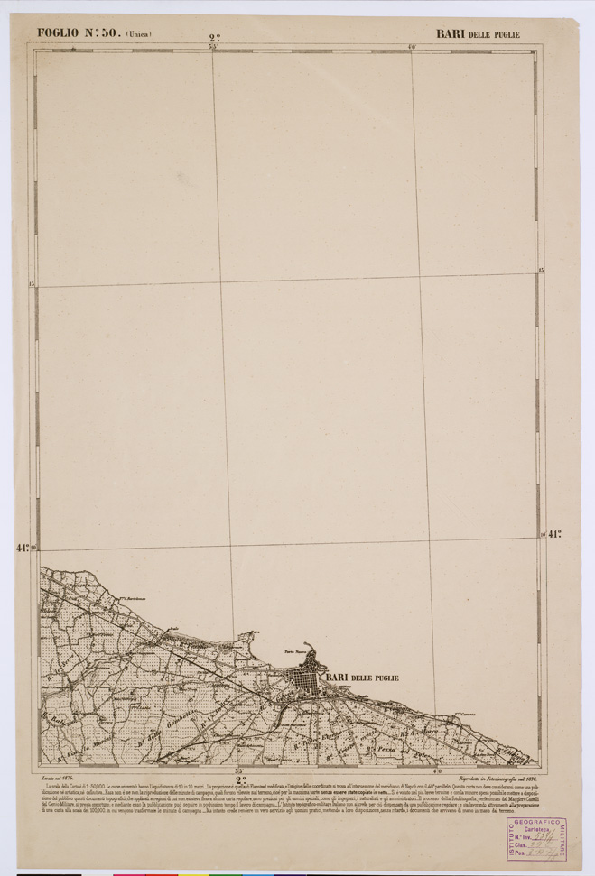 (N:2340) CARTA DELL' ITALIA MERIDIONALE EDITA DALL'ISTITUTO TOPOGRAFICO MILITARE ITALIANO - Foglio 50 - Bari delle Puglie (B0001024) Carte e stampe antiche: riproduzione a colori su carta (formato A1)