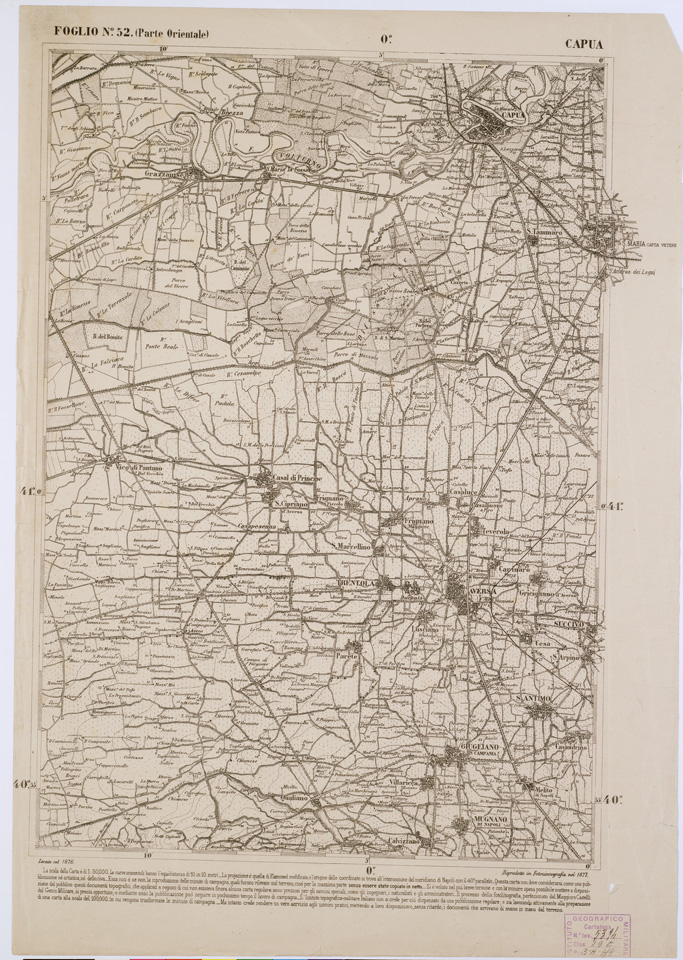 (N:2343) CARTA DELL' ITALIA MERIDIONALE EDITA DALL'ISTITUTO TOPOGRAFICO MILITARE ITALIANO - Foglio 52 parte orientale - Capua (B0001027) Carte e stampe antiche: riproduzione a colori su carta (formato A1)