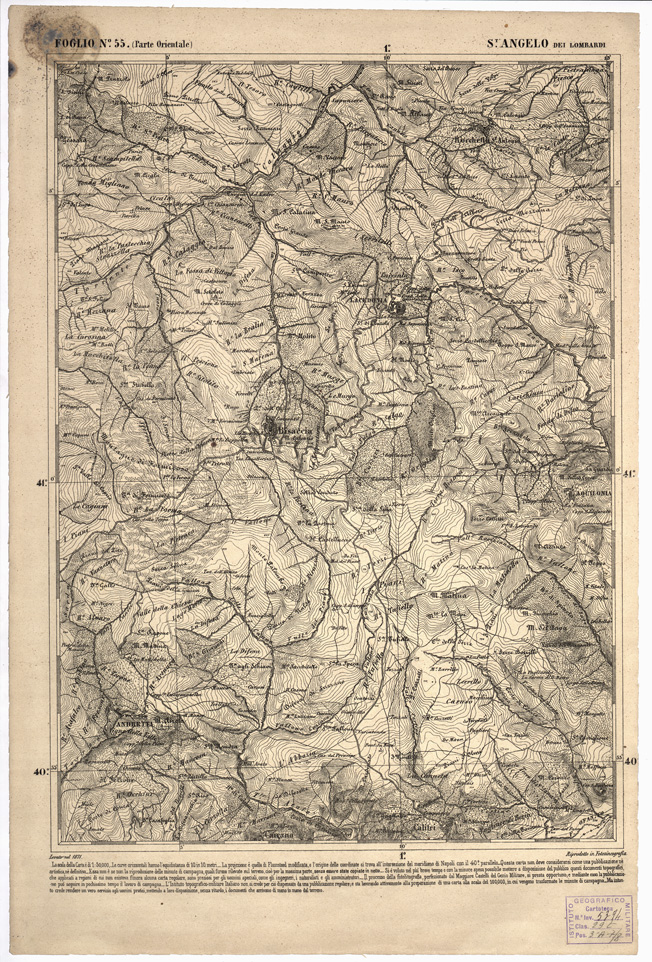 (N:2349) CARTA DELL' ITALIA MERIDIONALE EDITA DALL'ISTITUTO TOPOGRAFICO MILITARE ITALIANO - Foglio 55 parte orientale - S.t Angelo dei Lombardi (B0001033) Carte e stampe antiche: riproduzione a colori su carta (formato A1)