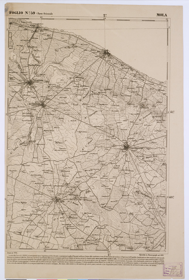 (N:2357) CARTA DELL' ITALIA MERIDIONALE EDITA DALL'ISTITUTO TOPOGRAFICO MILITARE ITALIANO - Foglio 59 parte orientale - Mola (B0001041) Carte e stampe antiche: riproduzione a colori su carta (formato A1)