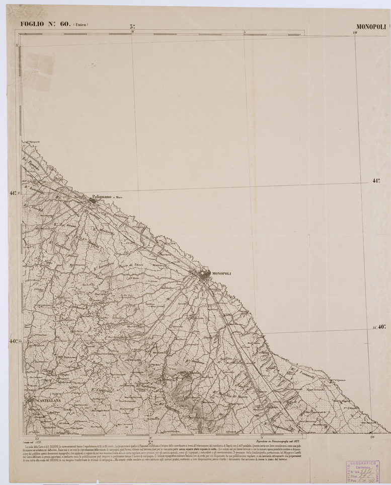 (N:2360) CARTA DELL' ITALIA MERIDIONALE EDITA DALL'ISTITUTO TOPOGRAFICO MILITARE ITALIANO - Foglio 60 - Monopoli (B0001042) Carte e stampe antiche: riproduzione a colori su carta (formato A1)