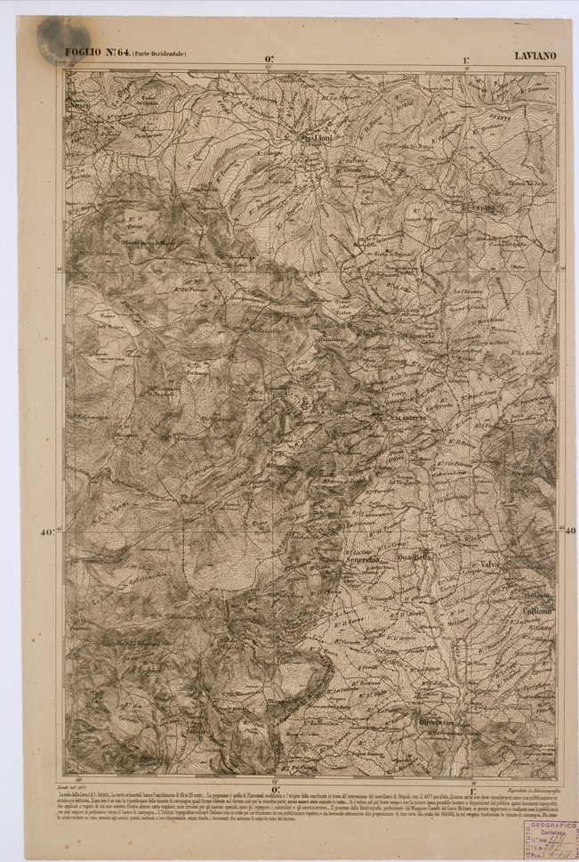 (N:2367) CARTA DELL' ITALIA MERIDIONALE EDITA DALL'ISTITUTO TOPOGRAFICO MILITARE ITALIANO - Foglio 64 parte occidentale - Laviano (B0001049) Carte e stampe antiche: riproduzione a colori su carta (formato A1)