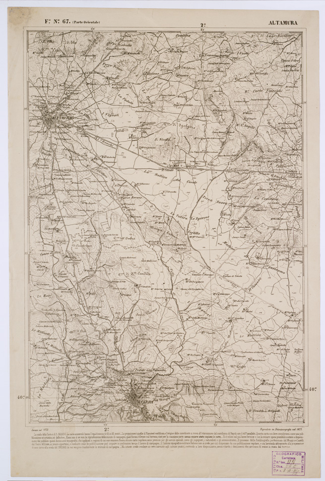 (N:2374) CARTA DELL' ITALIA MERIDIONALE EDITA DALL'ISTITUTO TOPOGRAFICO MILITARE ITALIANO - Foglio 67 parte orientale - Altamura (B0001056) Carte e stampe antiche: riproduzione a colori su carta (formato A1)