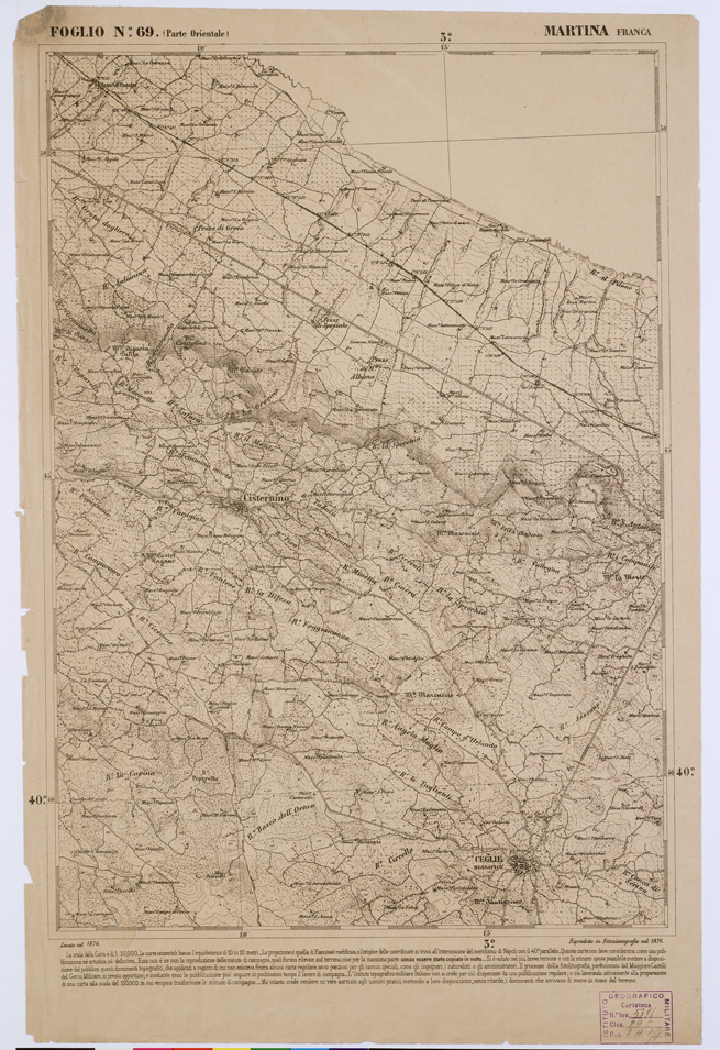 (N:2378) CARTA DELL' ITALIA MERIDIONALE EDITA DALL'ISTITUTO TOPOGRAFICO MILITARE ITALIANO - Foglio 69 parte orientale - Martina Franca (B0001060) Carte e stampe antiche: riproduzione a colori su carta (formato A1)