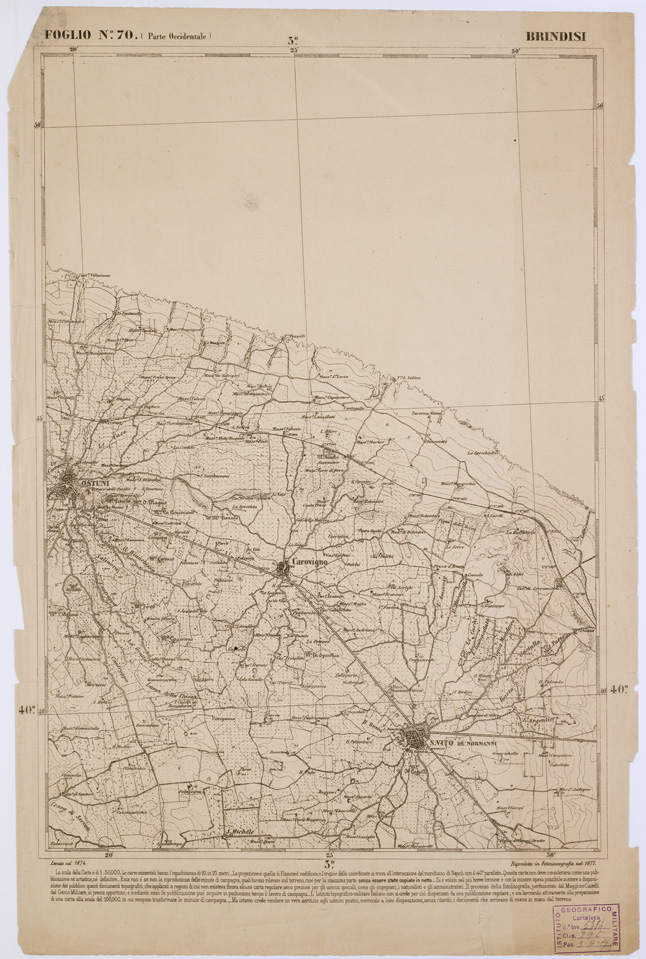 (N:2381) CARTA DELL' ITALIA MERIDIONALE EDITA DALL'ISTITUTO TOPOGRAFICO MILITARE ITALIANO - Foglio 70 parte occidentale - Brindisi (B0001061) Carte e stampe antiche: riproduzione a colori su carta (formato A1)