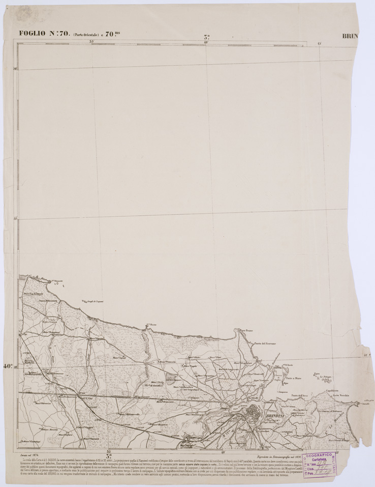 (N:2382) CARTA DELL' ITALIA MERIDIONALE EDITA DALL'ISTITUTO TOPOGRAFICO MILITARE ITALIANO - Foglio 70 parte orientale e 70 bis - Brindisi (B0001062) Carte e stampe antiche: riproduzione a colori su carta (formato A1)