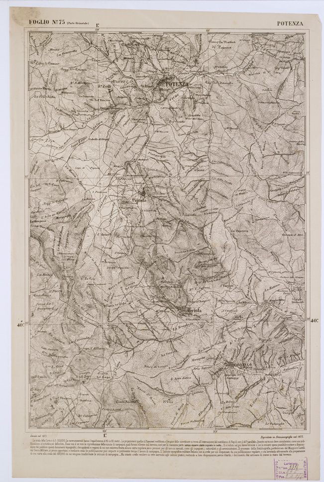 (N:2392) CARTA DELL' ITALIA MERIDIONALE EDITA DALL'ISTITUTO TOPOGRAFICO MILITARE ITALIANO - Foglio 75 parte orientale - Potenza (B0001072) Carte e stampe antiche: riproduzione a colori su carta (formato A1)