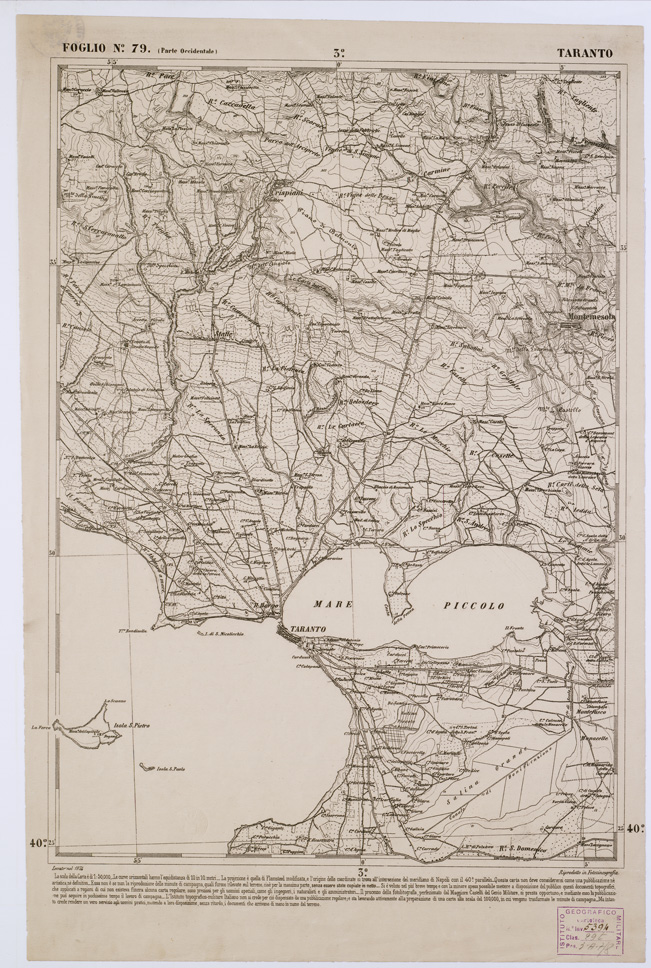 (N:2399) CARTA DELL' ITALIA MERIDIONALE EDITA DALL'ISTITUTO TOPOGRAFICO MILITARE ITALIANO - Foglio 79 parte occidentale - Taranto (B0001079) Carte e stampe antiche: riproduzione a colori su carta (formato A1)