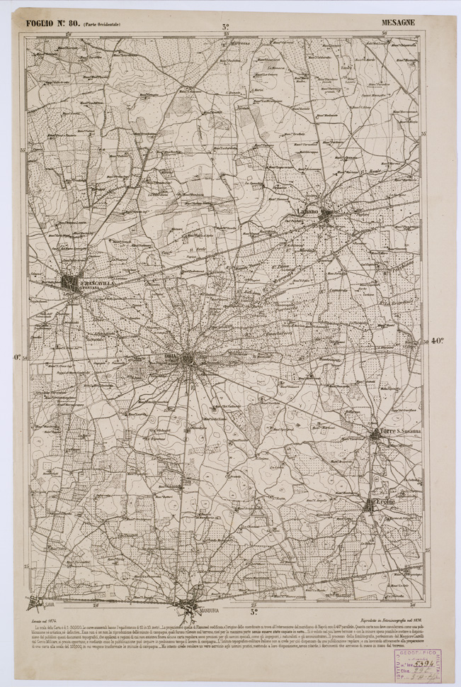 (N:2402) CARTA DELL' ITALIA MERIDIONALE EDITA DALL'ISTITUTO TOPOGRAFICO MILITARE ITALIANO - Foglio 80 parte occidentale - Mesagne (B0001081) Carte e stampe antiche: riproduzione a colori su carta (formato A1)