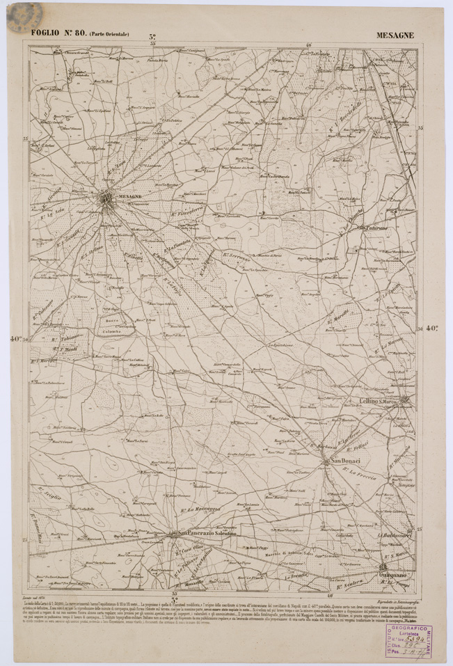 (N:2403) CARTA DELL' ITALIA MERIDIONALE EDITA DALL'ISTITUTO TOPOGRAFICO MILITARE ITALIANO - Foglio 80 parte orientale - Mesagne (B0001082) Carte e stampe antiche: riproduzione a colori su carta (formato A1)