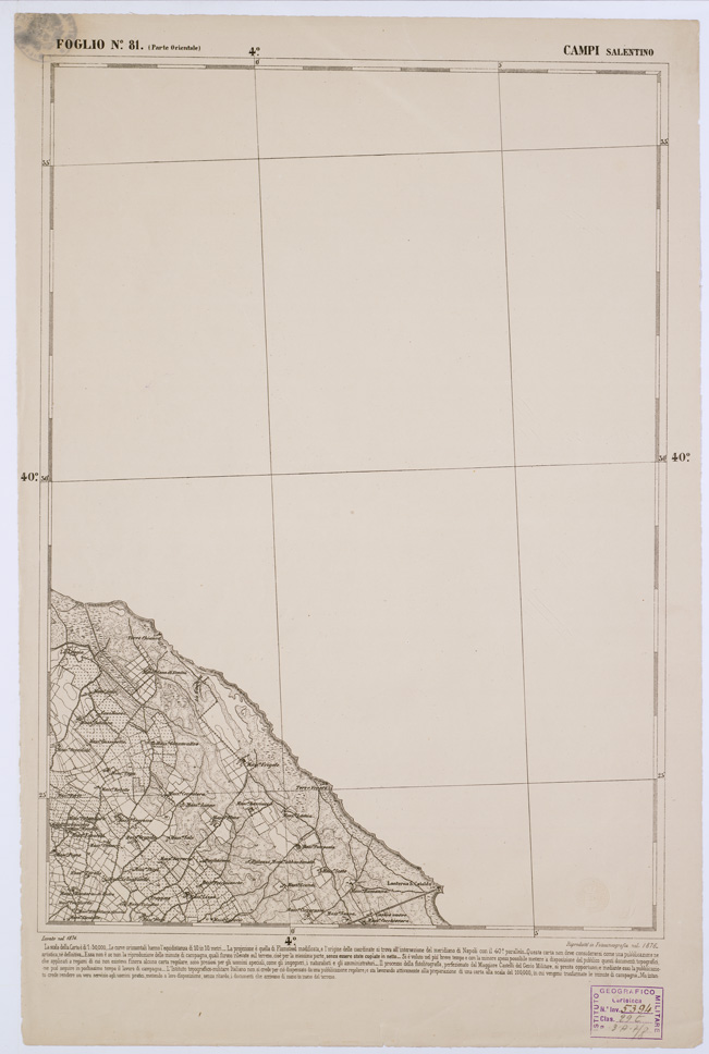 (N:2405) CARTA DELL' ITALIA MERIDIONALE EDITA DALL'ISTITUTO TOPOGRAFICO MILITARE ITALIANO - Foglio 81 parte orientale - Campi Salentino (B0001084) Carte e stampe antiche: riproduzione a colori su carta (formato A1)