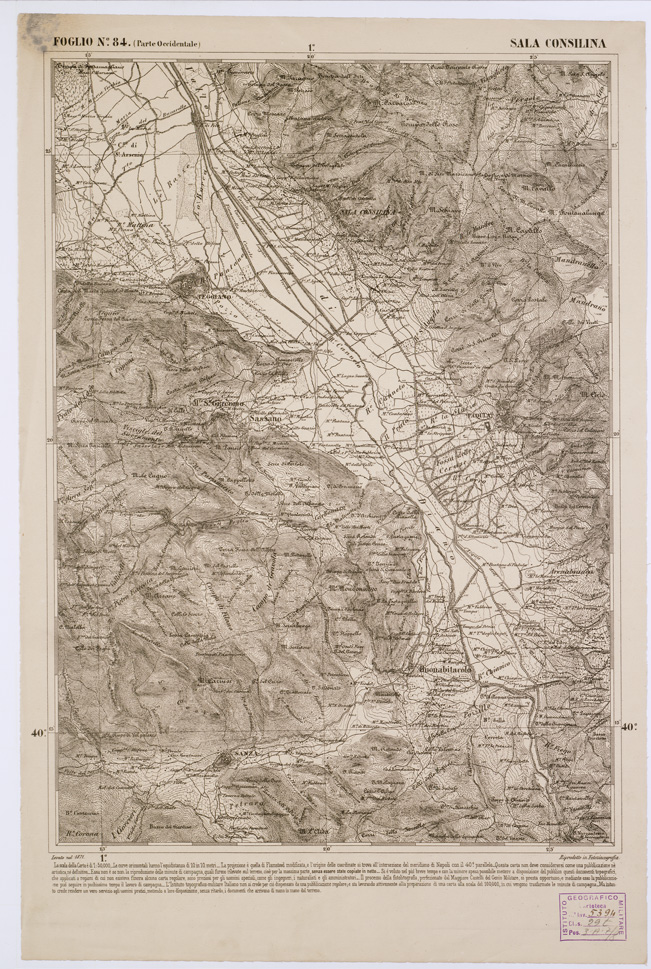 (N:2409) CARTA DELL' ITALIA MERIDIONALE EDITA DALL'ISTITUTO TOPOGRAFICO MILITARE ITALIANO - Foglio 84 parte occidentale - Sala Consilina (B0001088) Carte e stampe antiche: riproduzione a colori su carta (formato A1)