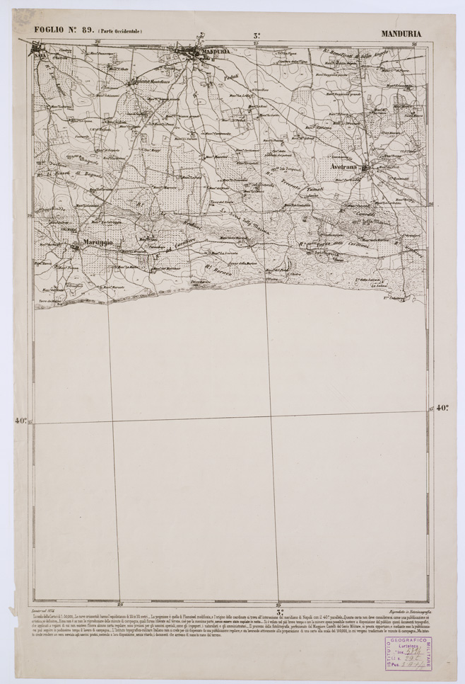 (N:2418) CARTA DELL' ITALIA MERIDIONALE EDITA DALL'ISTITUTO TOPOGRAFICO MILITARE ITALIANO - Foglio 89 parte occidentale - Manduria (B0001101) Carte e stampe antiche: riproduzione a colori su carta (formato A1)
