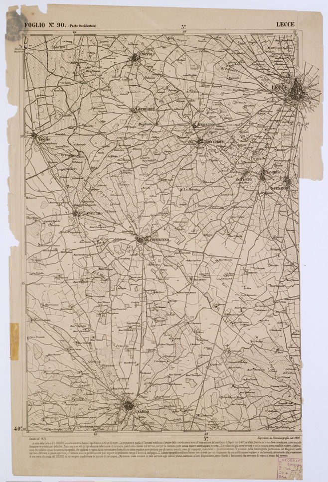 (N:2422) CARTA DELL' ITALIA MERIDIONALE EDITA DALL'ISTITUTO TOPOGRAFICO MILITARE ITALIANO - Foglio 90 parte occidentale - Lecce (B0001103) Carte e stampe antiche: riproduzione a colori su carta (formato A1)