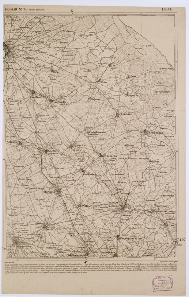 (N:2423) CARTA DELL' ITALIA MERIDIONALE EDITA DALL'ISTITUTO TOPOGRAFICO MILITARE ITALIANO - Foglio 90 parte orientale - Lecce (B0001104) Carte e stampe antiche: riproduzione a colori su carta (formato A1)