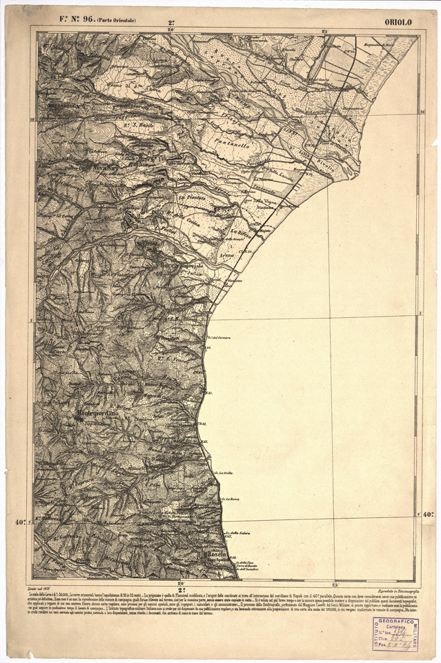 (N:2433) CARTA DELL' ITALIA MERIDIONALE EDITA DALL'ISTITUTO TOPOGRAFICO MILITARE ITALIANO - Foglio 96 parte orientale - Oriolo (B0001114) Carte e stampe antiche: riproduzione a colori su carta (formato A1)