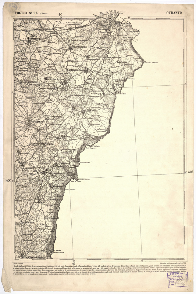 (N:2436) CARTA DELL' ITALIA MERIDIONALE EDITA DALL'ISTITUTO TOPOGRAFICO MILITARE ITALIANO - Foglio 98 - Otranto (B0001117) Carte e stampe antiche: riproduzione a colori su carta (formato A1)