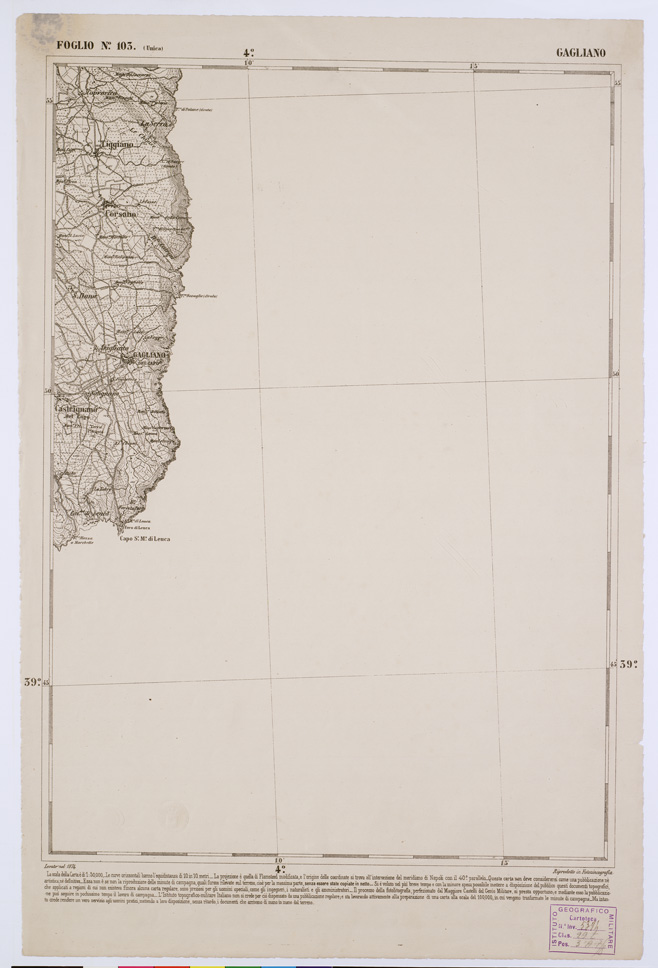 (N:2143) CARTA DELL' ITALIA MERIDIONALE EDITA DALL'ISTITUTO TOPOGRAFICO MILITARE ITALIANO - Foglio 103 - Gagliano (B0001125) Carte e stampe antiche: riproduzione a colori su carta (formato A1)