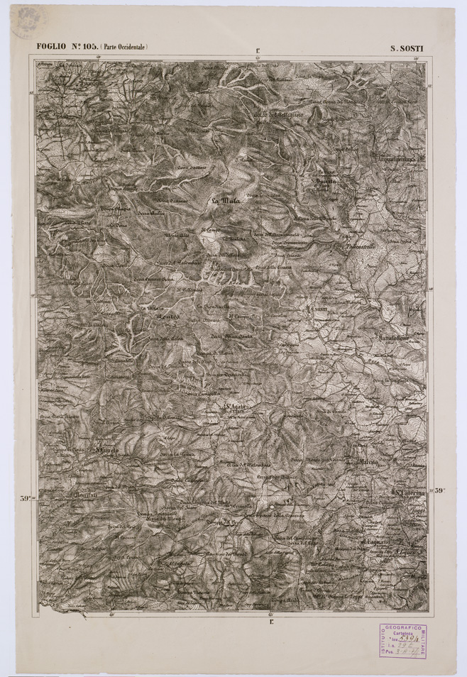 (N:2145) CARTA DELL' ITALIA MERIDIONALE EDITA DALL'ISTITUTO TOPOGRAFICO MILITARE ITALIANO - Foglio 105 parte occidentale - S. Sosti (B0001127) Carte e stampe antiche: riproduzione a colori su carta (formato A1)