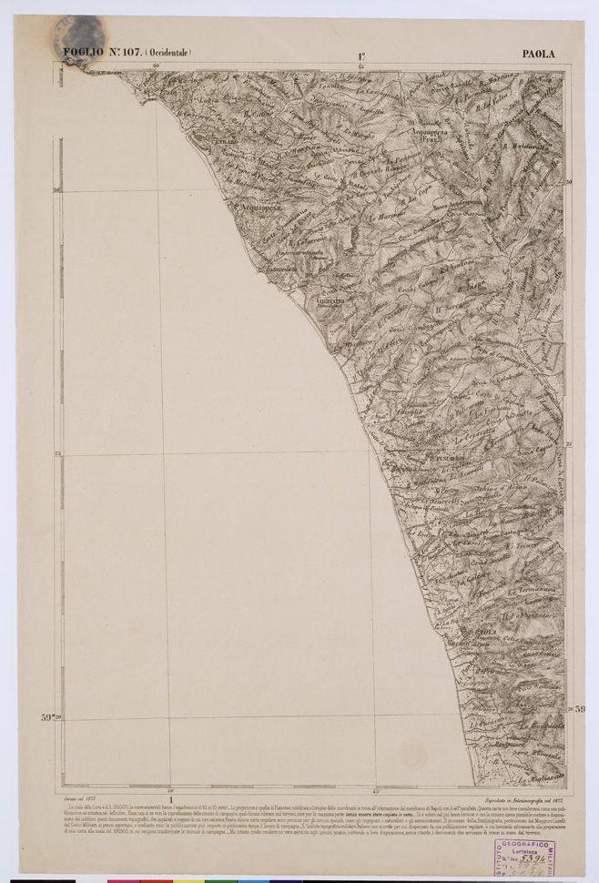 (N:2150) CARTA DELL' ITALIA MERIDIONALE EDITA DALL'ISTITUTO TOPOGRAFICO MILITARE ITALIANO - Foglio 107 parte occidentale - Paola (B0001132) Carte e stampe antiche: riproduzione a colori su carta (formato A1)