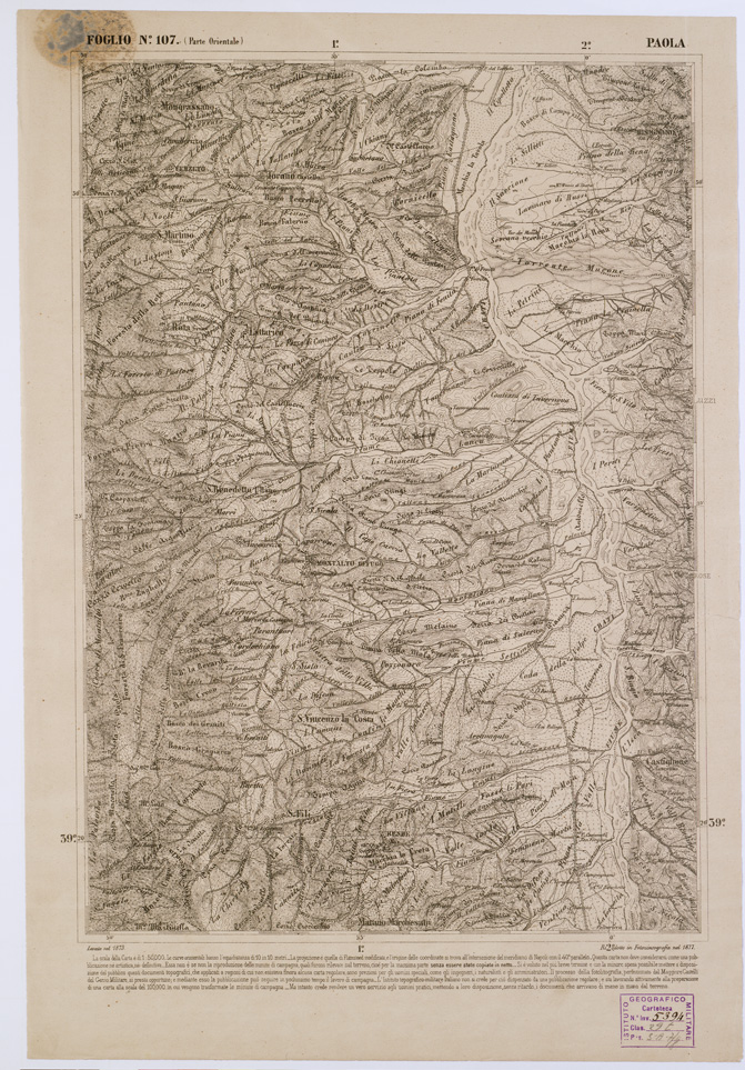 (N:2151) CARTA DELL' ITALIA MERIDIONALE EDITA DALL'ISTITUTO TOPOGRAFICO MILITARE ITALIANO - Foglio 107 parte orientale - Paola (B0001133) Carte e stampe antiche: riproduzione a colori su carta (formato A1)