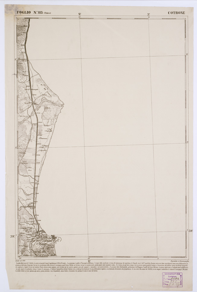 (N:2164) CARTA DELL' ITALIA MERIDIONALE EDITA DALL'ISTITUTO TOPOGRAFICO MILITARE ITALIANO - Foglio 113 - Cotrone (B0001144) Carte e stampe antiche: riproduzione a colori su carta (formato A1)