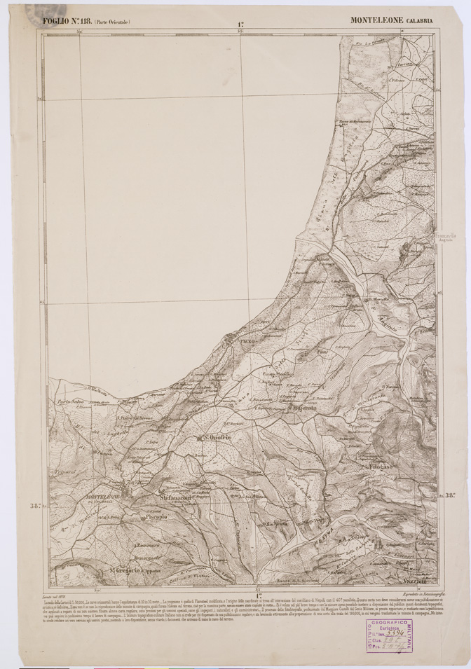 (N:2172) CARTA DELL' ITALIA MERIDIONALE EDITA DALL'ISTITUTO TOPOGRAFICO MILITARE ITALIANO - Foglio 118 parte orientale - Monteleone Calabria (B0001152) Carte e stampe antiche: riproduzione a colori su carta (formato A1)