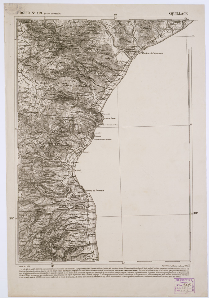 (N:2174) CARTA DELL' ITALIA MERIDIONALE EDITA DALL'ISTITUTO TOPOGRAFICO MILITARE ITALIANO - Foglio 119 parte orientale - Squillace (B0001154) Carte e stampe antiche: riproduzione a colori su carta (formato A1)