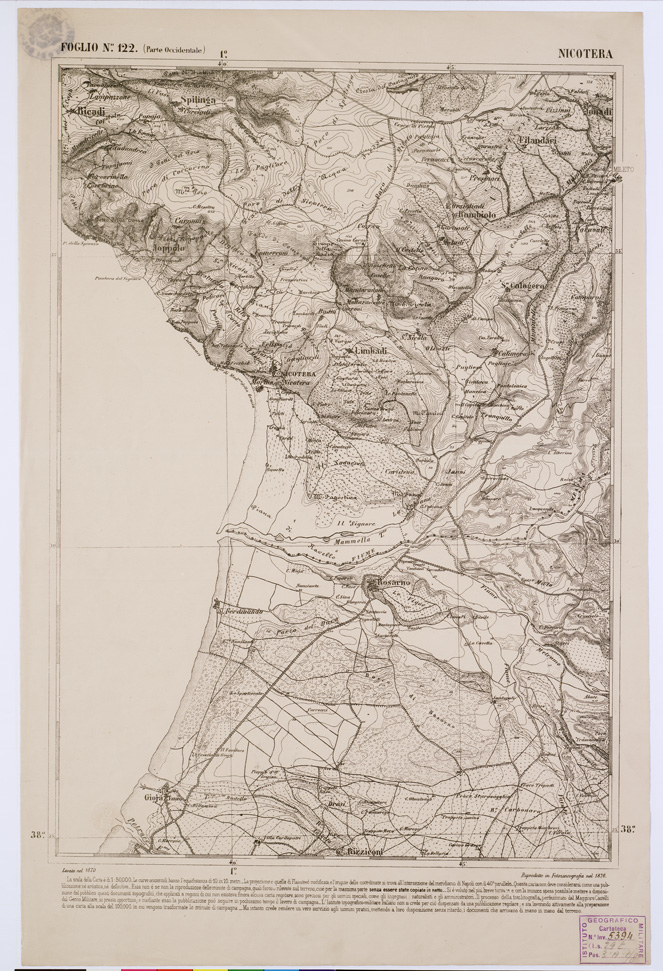 (N:2180) CARTA DELL' ITALIA MERIDIONALE EDITA DALL'ISTITUTO TOPOGRAFICO MILITARE ITALIANO - Foglio 122 parte occidentale - Nicotera (B0001159) Carte e stampe antiche: riproduzione a colori su carta (formato A1)