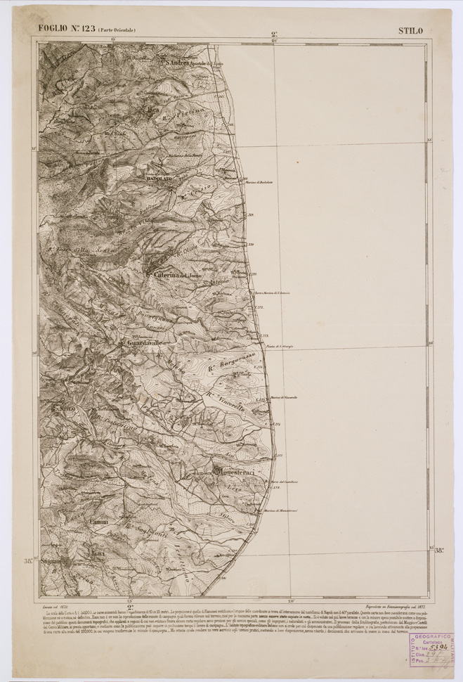 (N:2183) CARTA DELL' ITALIA MERIDIONALE EDITA DALL'ISTITUTO TOPOGRAFICO MILITARE ITALIANO - Foglio 123 parte orientale - Stilo (B0001162) Carte e stampe antiche: riproduzione a colori su carta (formato A1)