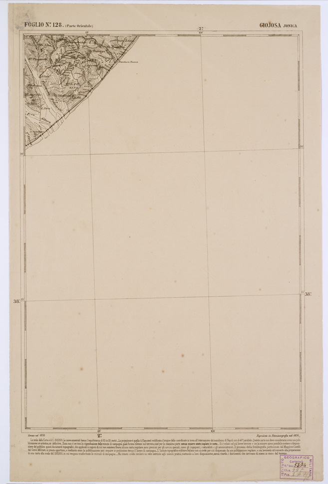 (N:2193) CARTA DELL' ITALIA MERIDIONALE EDITA DALL'ISTITUTO TOPOGRAFICO MILITARE ITALIANO - Foglio 128 parte orientale - Giojosa Jonica (B0001168) Carte e stampe antiche: riproduzione a colori su carta (formato A1)