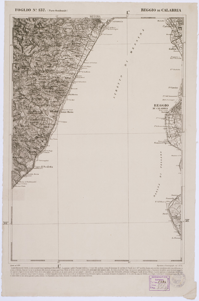 (N:2207) CARTA DELL' ITALIA MERIDIONALE EDITA DALL'ISTITUTO TOPOGRAFICO MILITARE ITALIANO - Foglio 137 parte occidentale - Reggio di Calabria (B0001172) Carte e stampe antiche: riproduzione a colori su carta (formato A1)