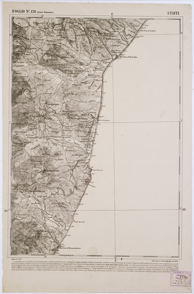 (N:2210) CARTA DELL' ITALIA MERIDIONALE EDITA DALL'ISTITUTO TOPOGRAFICO MILITARE ITALIANO - Foglio 138 parte orientale - Staiti (B0001175) Carte e stampe antiche: riproduzione a colori su carta (formato A1)