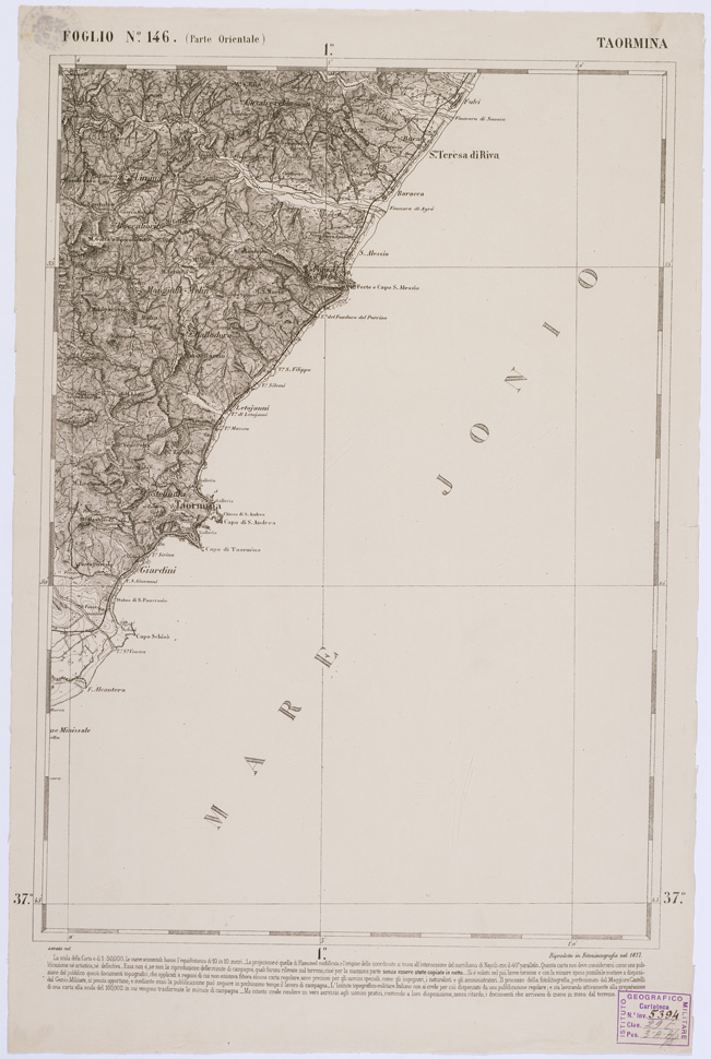 (N:2230) CARTA DELL' ITALIA MERIDIONALE EDITA DALL'ISTITUTO TOPOGRAFICO MILITARE ITALIANO - Foglio 146 parte orientale - Taormina (B0001185) Carte e stampe antiche: riproduzione a colori su carta (formato A1)