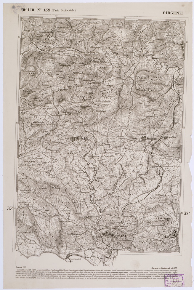 (N:2252) CARTA DELL' ITALIA MERIDIONALE EDITA DALL'ISTITUTO TOPOGRAFICO MILITARE ITALIANO - Foglio 159 parte occidentale - Girgenti (B0001197) Carte e stampe antiche: riproduzione a colori su carta (formato A1)