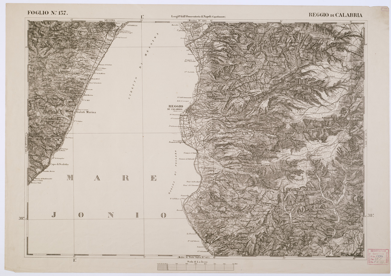 (N:2206) CARTA DELL' ITALIA MERIDIONALE EDITA DALL'ISTITUTO TOPOGRAFICO MILITARE ITALIANO - Foglio 137 - Reggio di Calabria (B0001214) Carte e stampe antiche: riproduzione a colori su carta (formato A1)