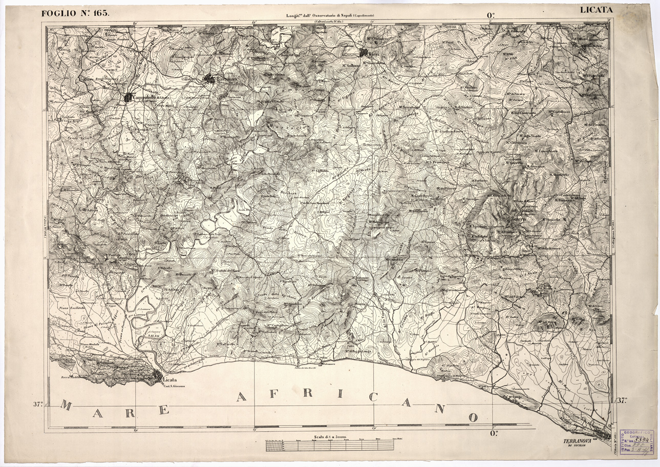 (N:2262) CARTA DELL' ITALIA MERIDIONALE EDITA DALL'ISTITUTO TOPOGRAFICO MILITARE ITALIANO - Foglio 165 - Licata (B0001235) Carte e stampe antiche: riproduzione a colori su carta (formato A1)