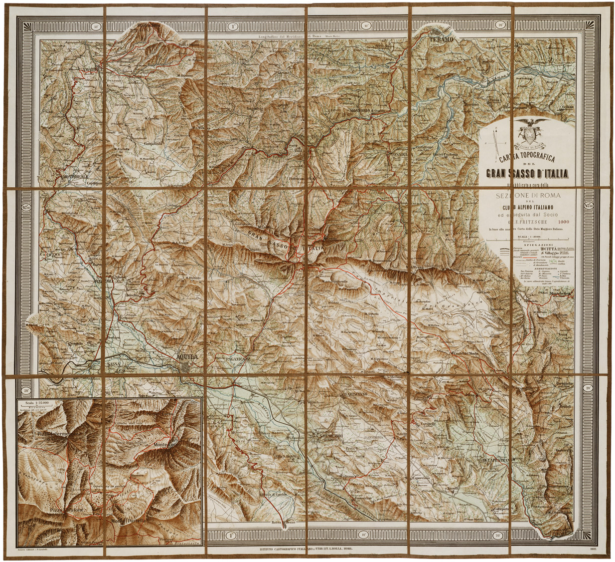 (N:6567) CARTA TOPOGRAFICA DEL GRAN SASSO D'ITALIA PUBBLICATA A CURA DELLA SEZIONE DI ROMA DEL CLUB ALPINO ITALIANO ED ESEGUITA DAL SOCIO G. E. FRITZSCHE IN BASE ALLA NUOVA CARTA DELLO STATO MAGGIORE ITALIANO. (B0001269) Carte e stampe antiche: riproduzione a colori su carta (formato A1)
