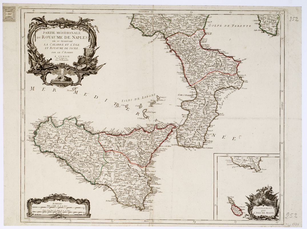 (N:13206) PARTIE MERIDIONALE DU ROYAUME DE NAPLES OU SE TROUVENT LA CALABRE ET L'ISLE ET ROYAUME DE SICILE PAR LE S.R ROBERT. A VENISE. PAR P. SANTINI, 1779 CHEZ M.R REMONDINI - Regno di Napoli (B0001379) Carte e stampe antiche: riproduzione a colori su carta (formato A1)